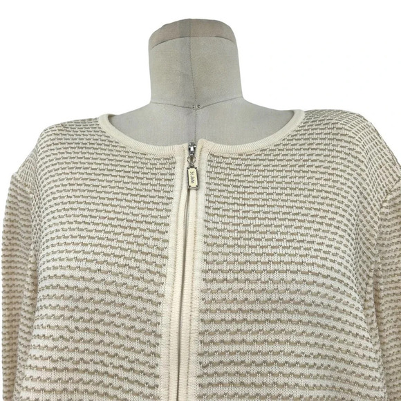 St. John Cream Ivory Stripe Knit Zip Front Sweater Jacket Size XL **Flawed‎ - Picture 2 of 10
